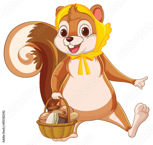 Cartoon squirrel holding a basket, smiling joyfully