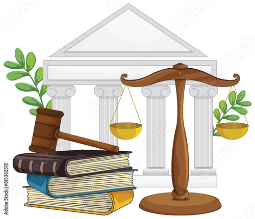 Vector illustration of legal books, scales, and courthouse
