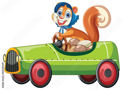 Cheerful squirrel in a green toy car illustration