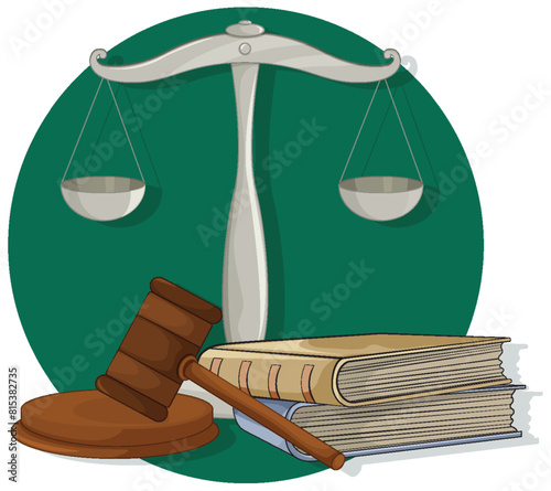 Illustration of scales, gavel, and legal books