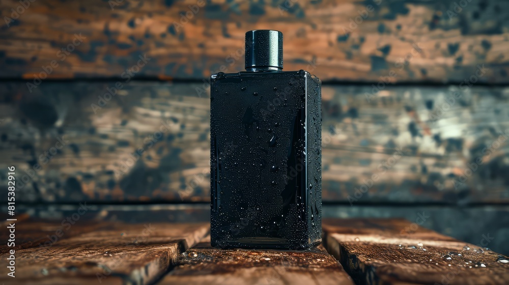 Black parfume bottle with water drop stand on wood Black parfume bottle with water drop stand on wood