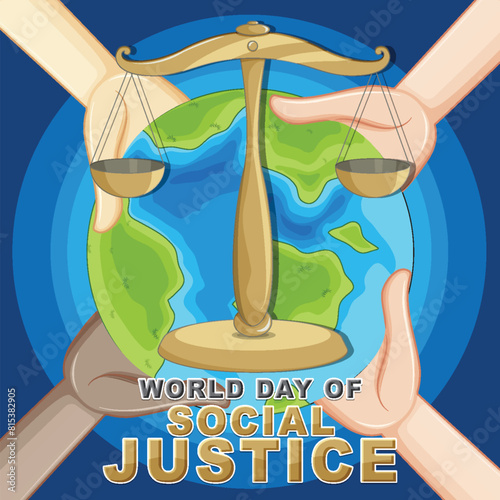 Illustration of scales, Earth, and hands promoting justice