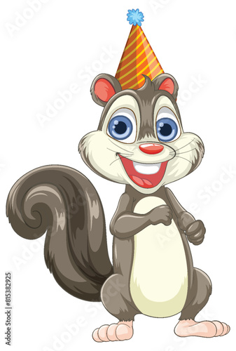 Cartoon squirrel celebrating with a colorful hat