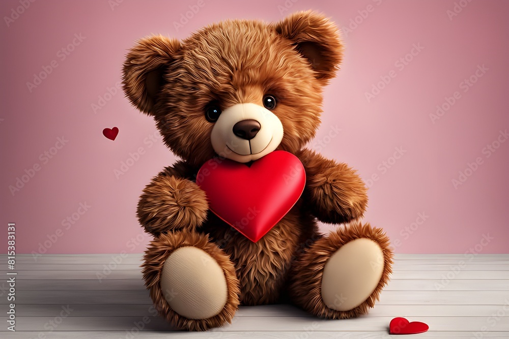 An adorable teddy bear holding a red heart, sitting against a vibrant pink backdrop. perfect for themes of love, gifts and Valentine’s Day. generative ai An adorable teddy bear holding a red heart, sitting against a vibrant pink backdrop. perfect for themes of love, gifts and Valentine’s Day. generative ai