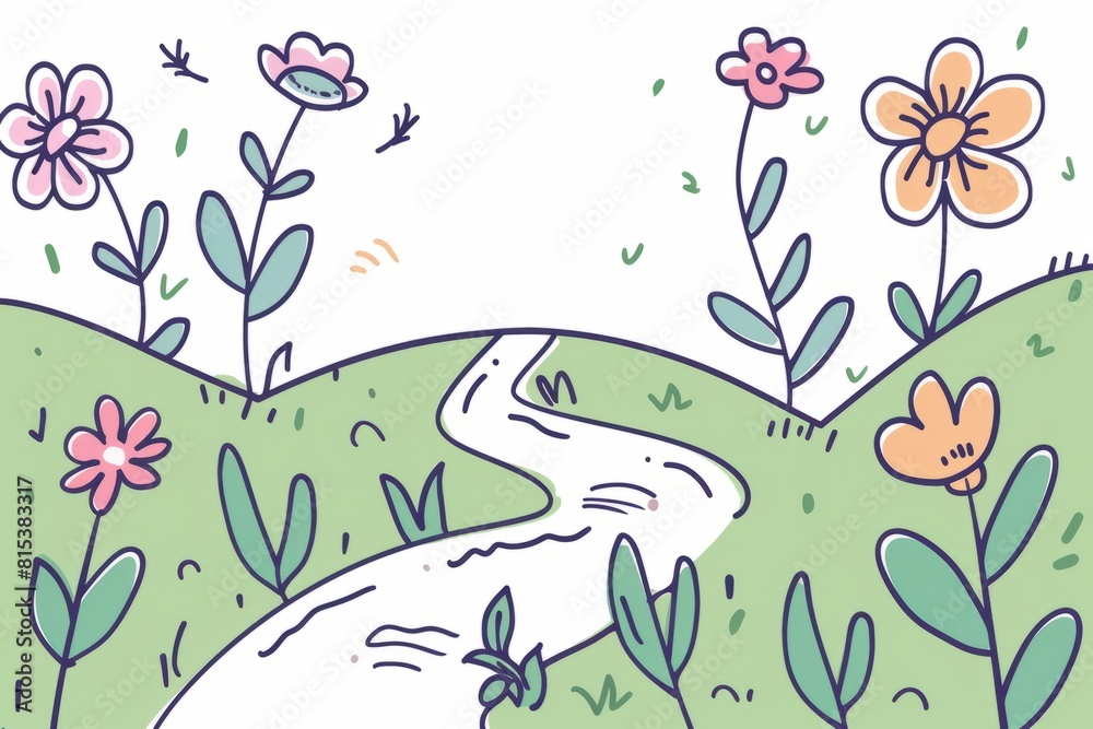 Cartoon cute doodles of a minimalist garden scene with simple flower shapes and a winding path through the grass, Generative AI