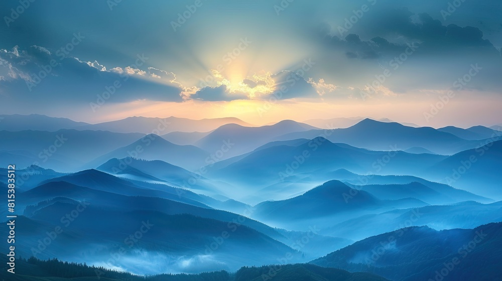 Breathtaking dawn over misty mountains and lush forests under a serene sky