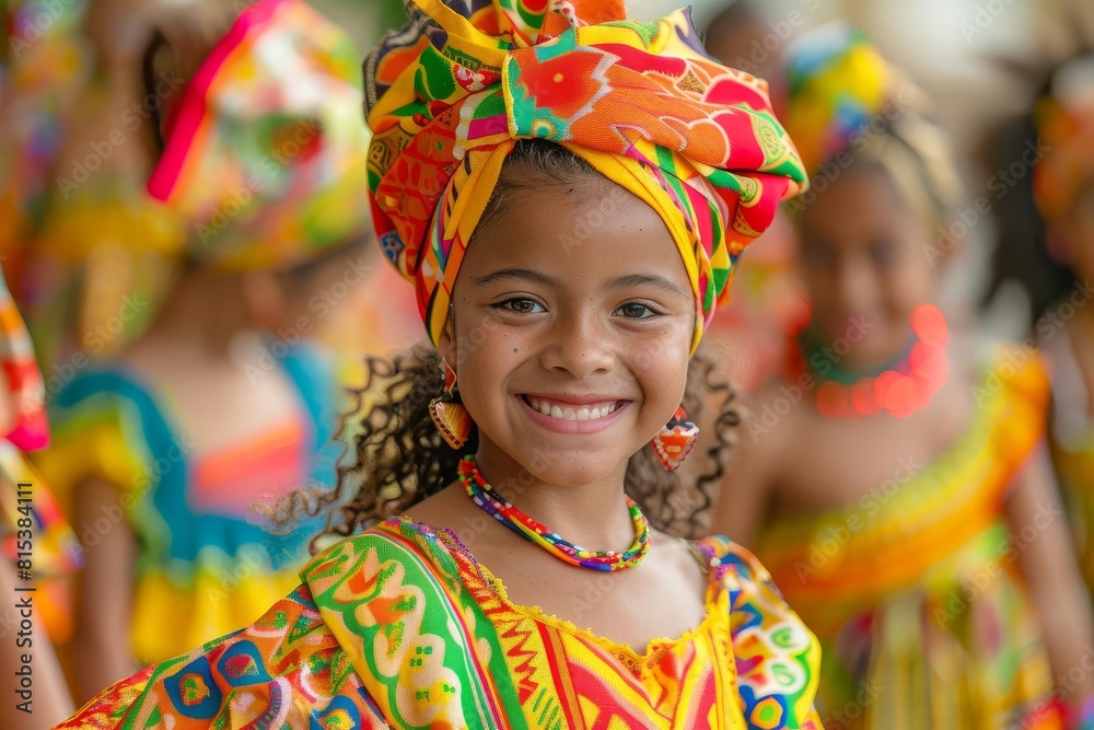 A young girl from the Caribbean smiles brightly while wearing a traditional headdress and colorful clothing. A young girl from the Caribbean smiles brightly while wearing a traditional headdress and colorful clothing.