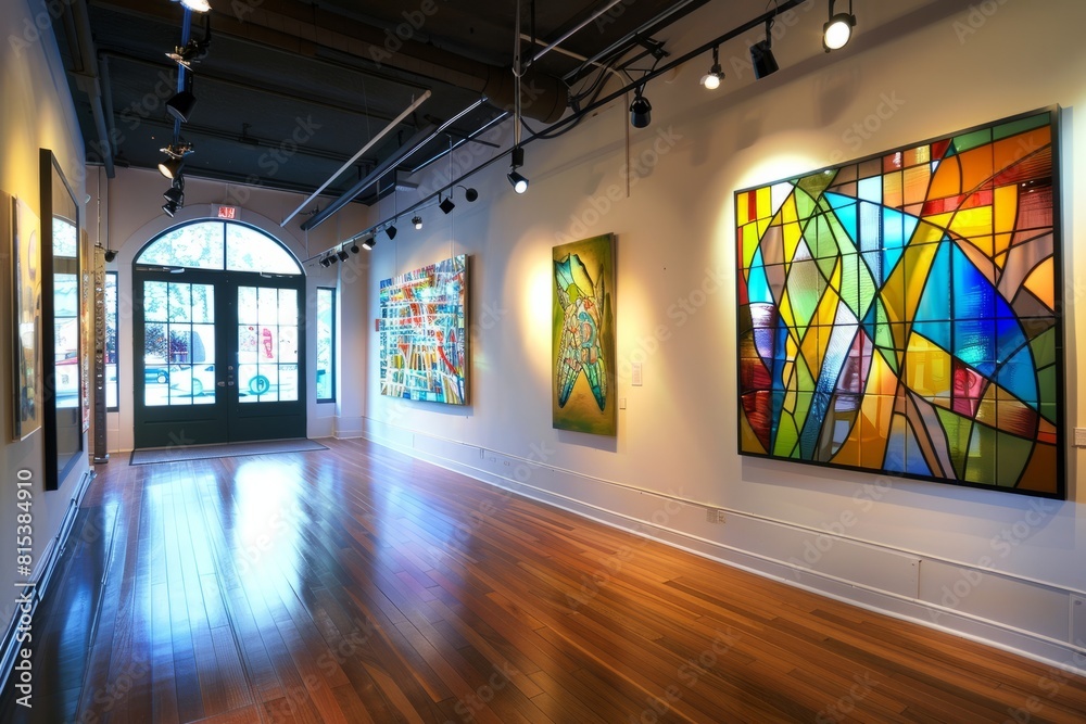 A modern art gallery with contemporary stained glass installations, showcasing abstract designs and bold colors that captivate, Generative AI A modern art gallery with contemporary stained glass installations, showcasing abstract designs and bold colors that captivate, Generative AI