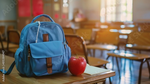 A blue school backpack standing upright on a wooden desk with a ripe red apple and an closed book beside it