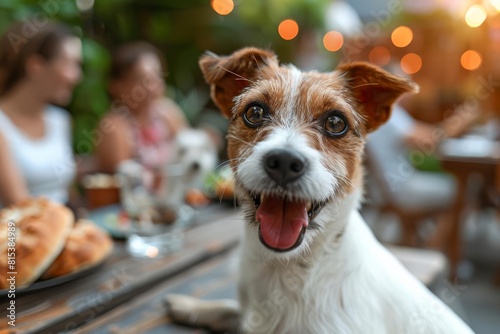 A small dog sits at a table outside a restaurant, looking up at the camera with a happy expression on its face © INT888