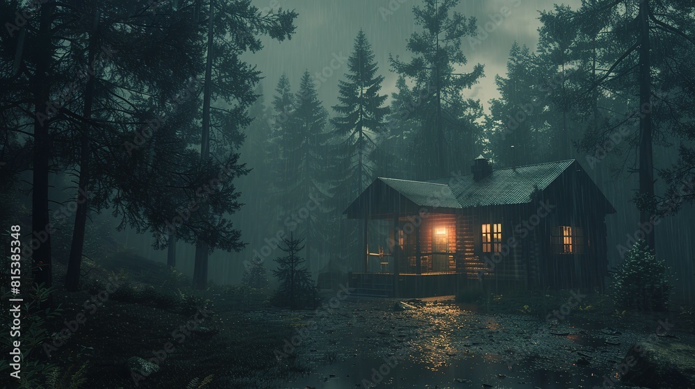 An Empty Cabin Awaits Amidst the Forest's Rainy Embrace An Empty Cabin Awaits Amidst the Forest's Rainy Embrace