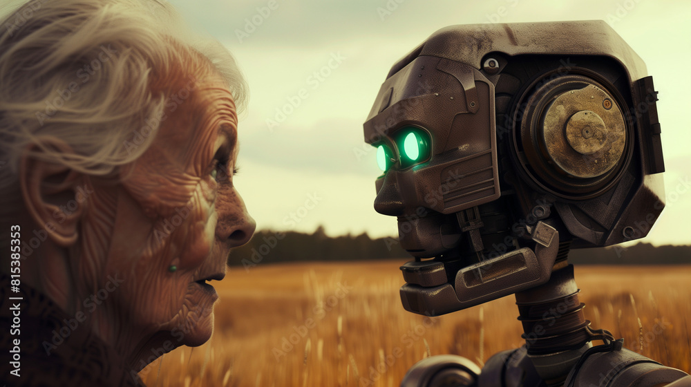 Fototapeta premium A robot with green eyes talking to an elderly woman in the field