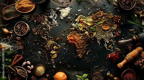 World map made of spices and herbs on a black background, global cuisine concept, top view