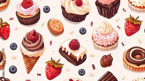 Seamless pattern of different types of desserts like cakes  cookies  and ice cream. seamless illustration pattern.