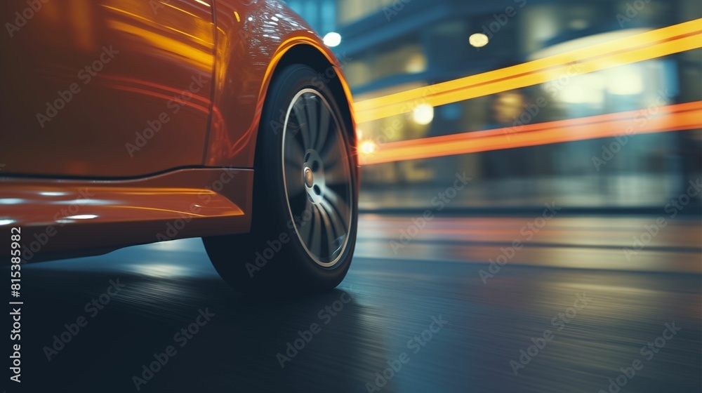 Back shot of a car driving on the city streets at high speed, with blurred motion and dynamic blur effect. Generative AI