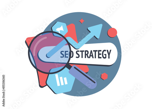 SEO strategy illustration with keyword research, on-page optimization, backlink building, meta tags, site speed, mobile optimization. Digital marketing and search engine optimization vector icon