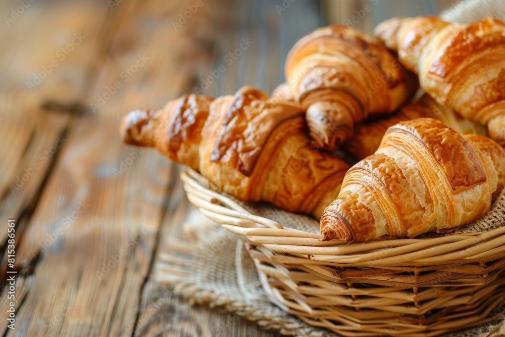 close-up of fresh croissants in a basket on a wooden table close-up of fresh croissants in a basket on a wooden table
