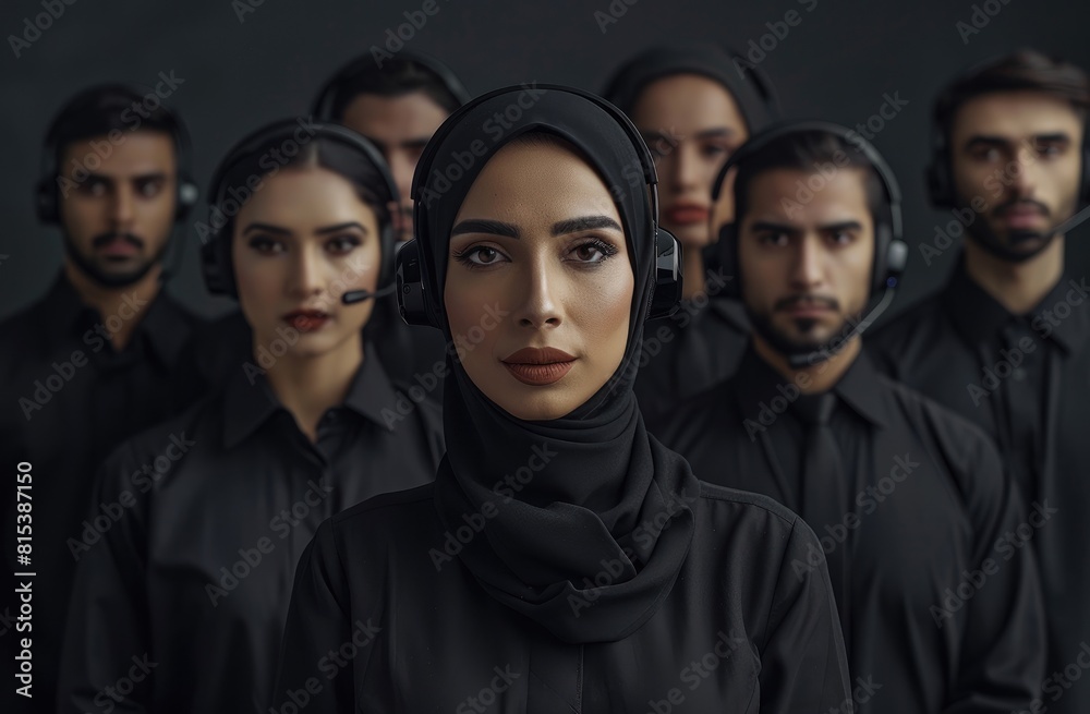 The teamwork of a customer support operator, with a young woman in front of her team in the background. The teamwork of a customer support operator, with a young woman in front of her team in the background.