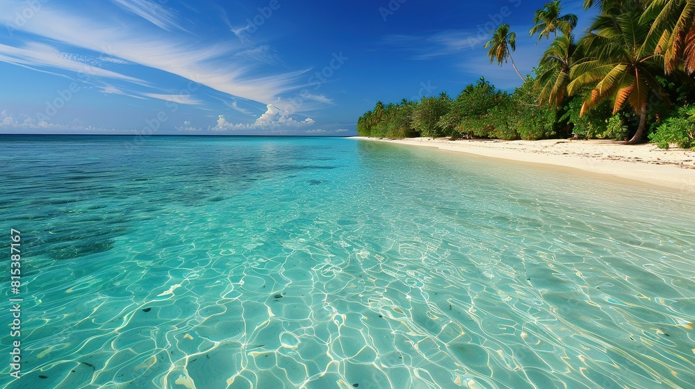 Fototapeta premium Paradise Found: Tropical Beach with Clear Water and Lush Nature