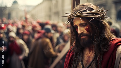 The path of Jesus through the crowd of unbelievers to Calvary. Jesus experiences pain while wearing the crown of thorns. Jesus bowed his head as the Savior suffered great pain.