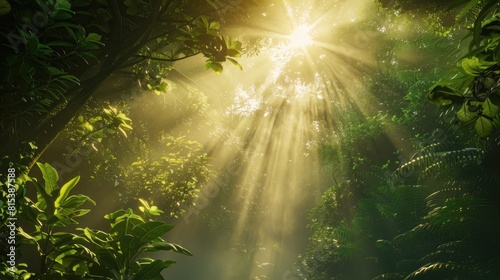 A brilliant sunny day unfolds in a secluded forest with the sunbeams playfully piercing through the lush canopy of towering trees The plants in this tranquil haven harness this abundant sol