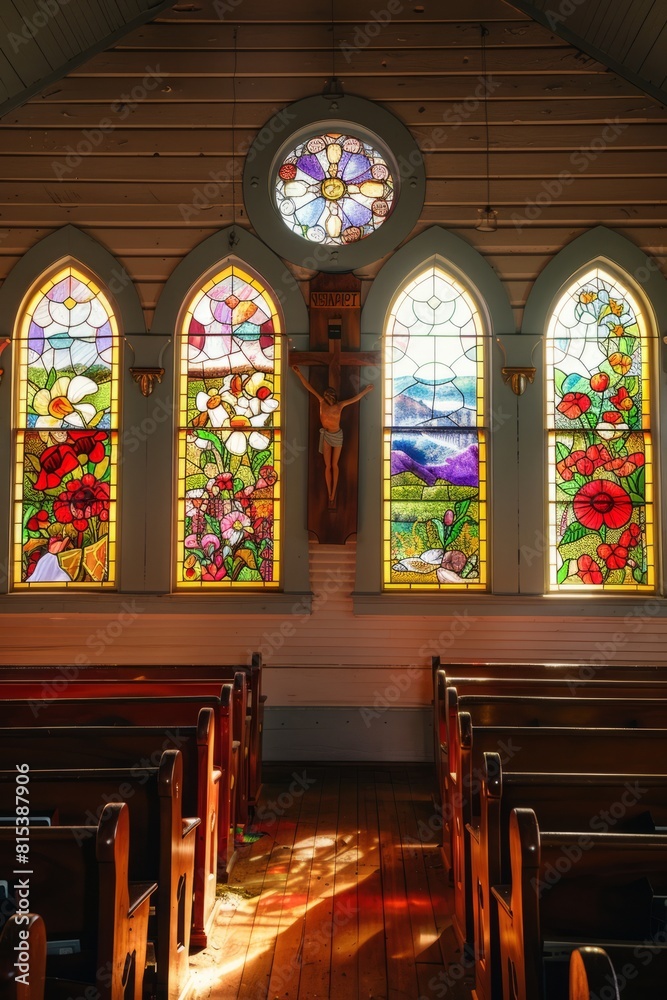 Obraz premium A quaint village chapel with charming stained glass windows depicting the seasons of the year, from blooming flowers in spring to snowy, Generative AI