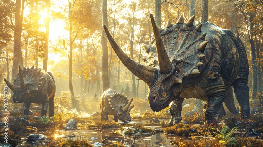 Group of triceratops dinosaurs in dense forest with sunlight streaming through trees. peaceful and harmonious interaction among dinosaurs, emphasizing vibrant foliage and prehistoric atmosphere. Group of triceratops dinosaurs in dense forest with sunlight streaming through trees. peaceful and harmonious interaction among dinosaurs, emphasizing vibrant foliage and prehistoric atmosphere.