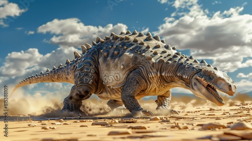 Ankylosaurus in a sunlit, rocky desert. Dinosaur's armored body and tail club highlighted by bright sunlight. Sandy terrain and sparse vegetation creating a rugged and timeless prehistoric landscape. © Thaniya