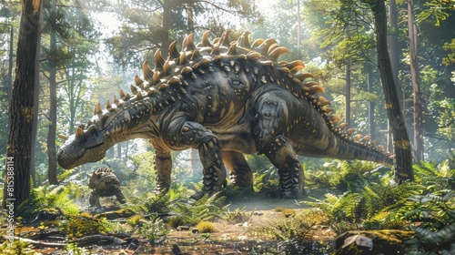 Ankylosaurus roams dense forest  sunlight filtering through trees. Spiked armor highlighted  intricate details  showing texture of bony plates. Lush greenery  dappled light  natural environment.