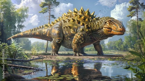 Ankylosaurus dinosaur by calm water in lush forest with clear sky and clouds. peaceful coexistence of dinosaur in natural habitat, highlighting vibrant greenery and prehistoric tranquility.