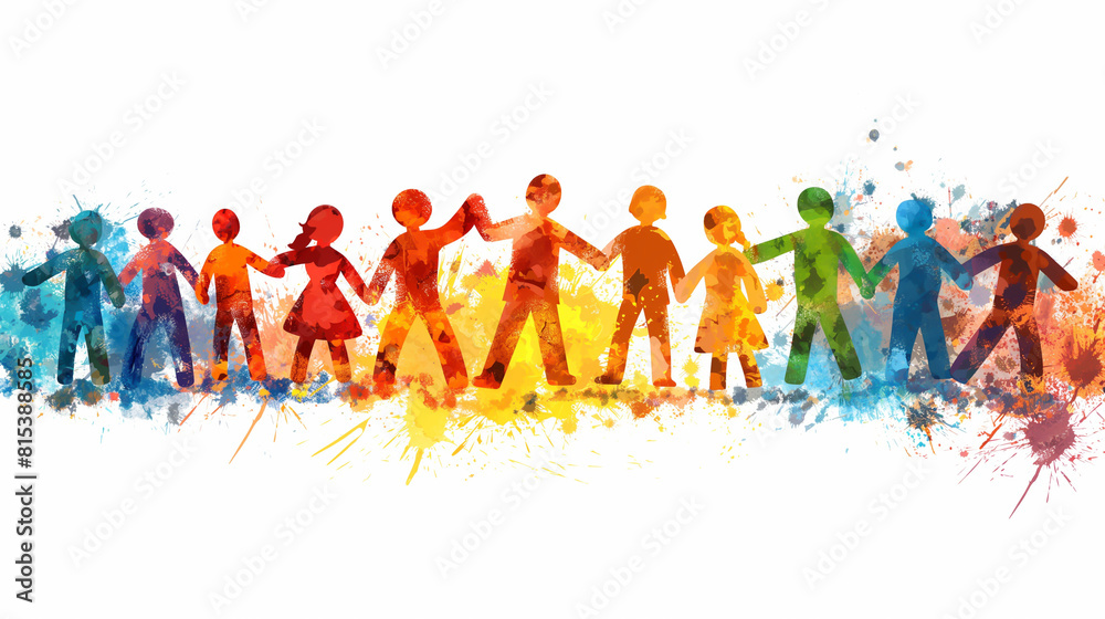 The image shows a group of diverse children holding hands in a colorful watercolor style. The image shows a group of diverse children holding hands in a colorful watercolor style.