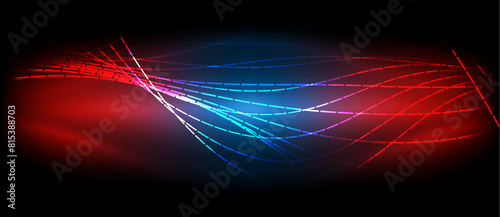 A colorful and mesmerizing visual effect lighting featuring a vibrant mix of reds, blues, purples, and magentas on a dark background, resembling a glowing wave in the sky or water