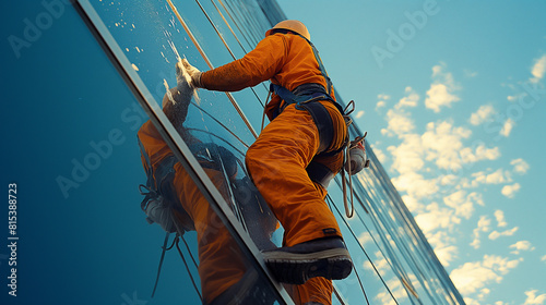 The image shows a man in an orange jumpsuit and safety gear rappelling down the side of a skyscraper.