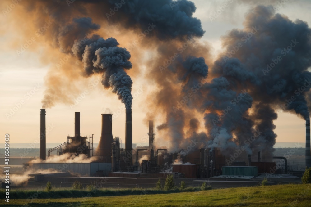 Black smoke from chimneys in factory industrial areas pollutes the environment Black smoke from chimneys in factory industrial areas pollutes the environment