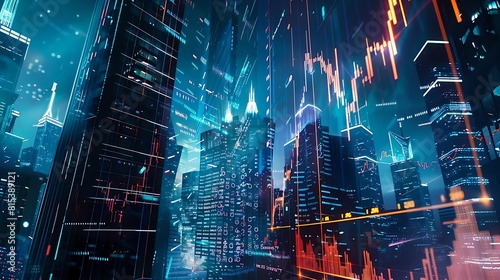 a neon-lit skyline with towering skyscrapers  overlaid with digital financial graphs