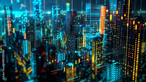 a neon-lit skyline with towering skyscrapers  overlaid with digital financial graphs