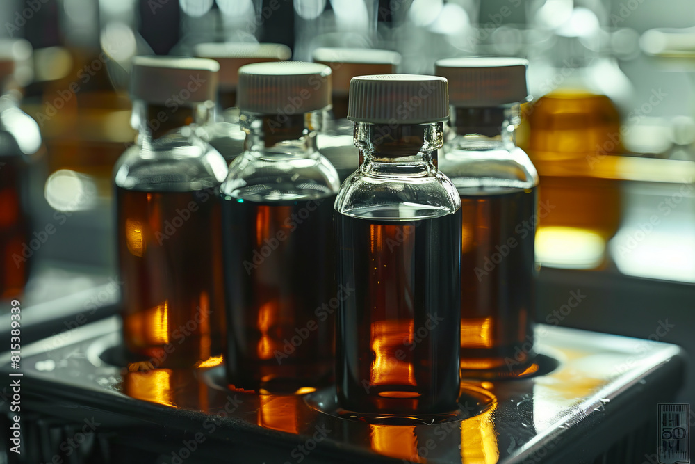 A tray of brown bottles on a table. A tray of brown bottles on a table.