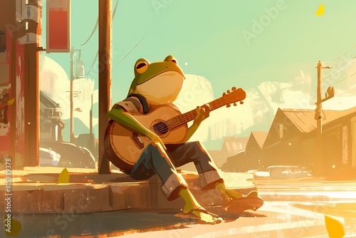 cute cartoon frog playing guitar photo