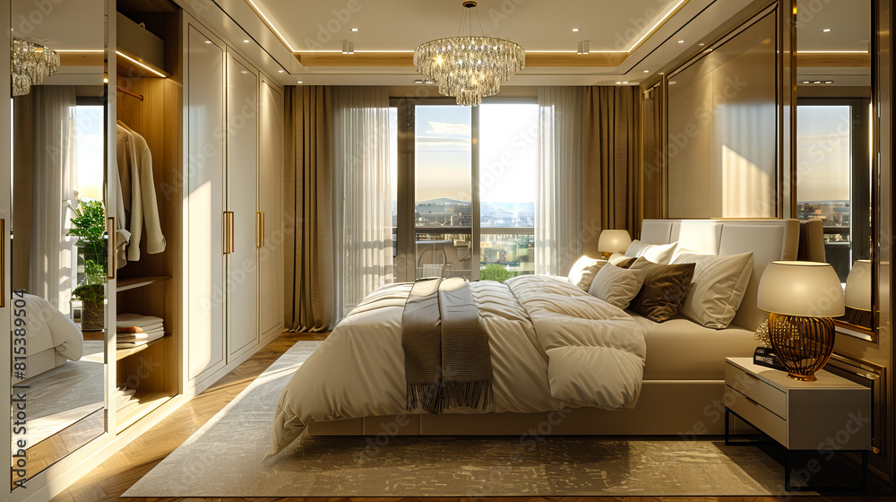 A bedroom with a large bed and a chandelier.