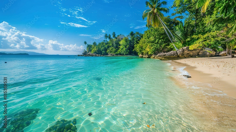 Fototapeta premium Tropical Beach Paradise Featuring Clear Waters and Vibrant Scenery