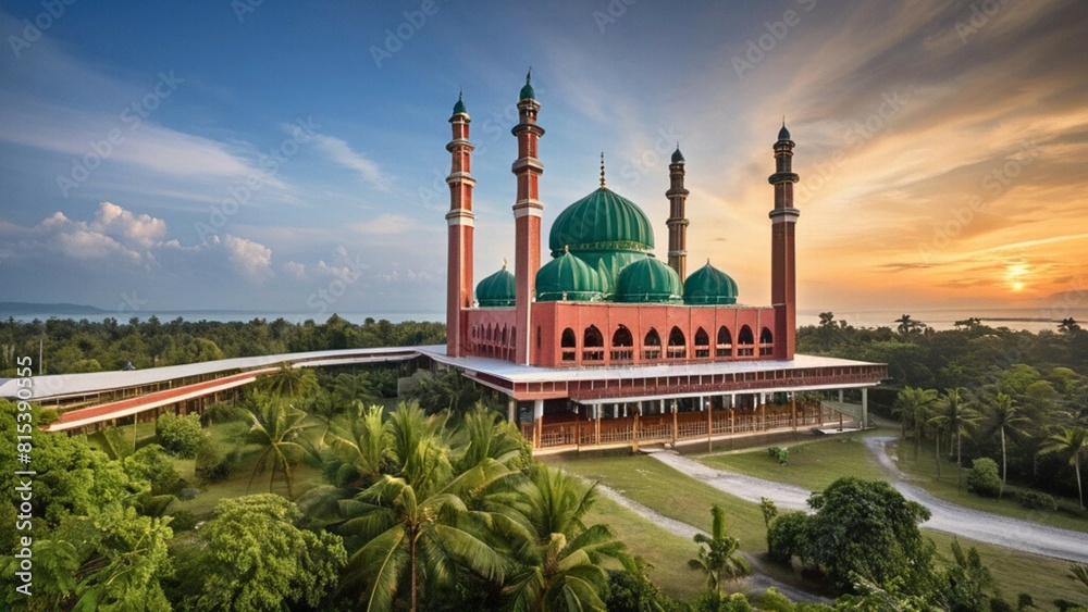 Obraz premium A magnificent mosque with a beautiful sky welcomes the holiday of sacrifice