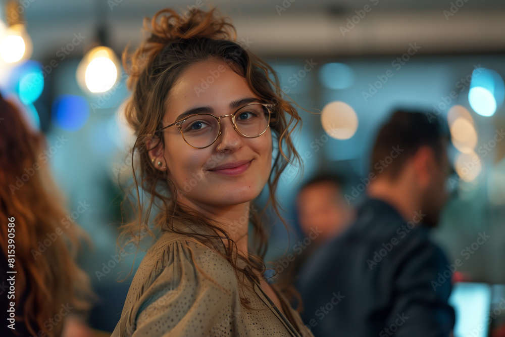 Fototapeta premium Confident Young Professional: Engaging Colleagues in a Modern Workspace