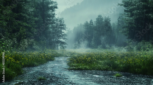 The photo shows a beautiful landscape with a river flowing through a forest