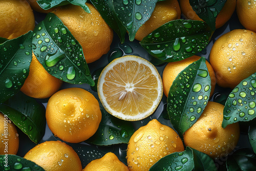 A closeup photo of lemons and green leaves, with water droplets on the lemon slices. Created with AI