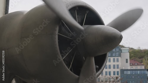 Metallic radial plane engine propeller spin, museum exposition, Prague photo