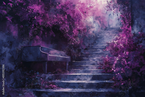 The piano is placed on the stairs in the middle of the garden. The stairs are surrounded by pink flowers. photo