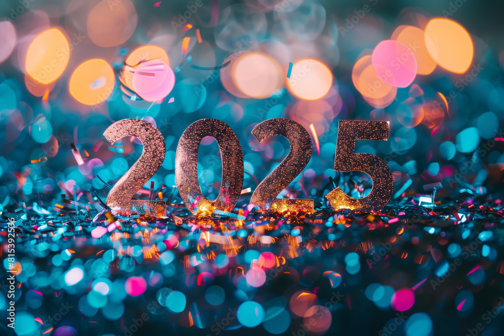 The number 2025 is elegantly spelled out on a vibrant background of colorful confetti, creating a festive and celebratory atmosphere The number 2025 is elegantly spelled out on a vibrant background of colorful confetti, creating a festive and celebratory atmosphere