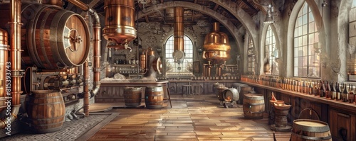 The interior of a modern craft distillery with shining copper stills, pipes, and distillation equipment reflecting sunlight. photo
