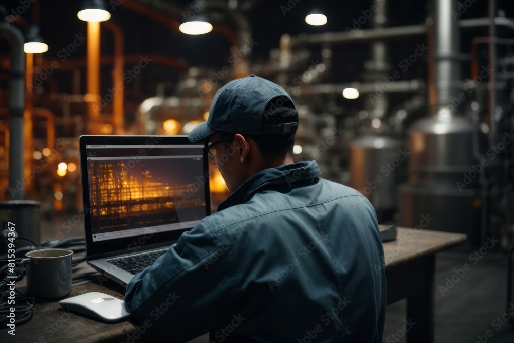 male oil refinery worker using laptop computer for maintenance and performance monitoring. male oil refinery worker using laptop computer for maintenance and performance monitoring.