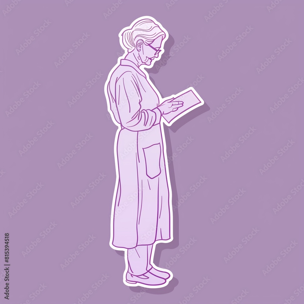 An elderly female writer illustration style sticker with white outline on a solid lavender background without any shadow or gradient. An elderly female writer illustration style sticker with white outline on a solid lavender background without any shadow or gradient.